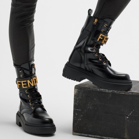 FENDI Fendigraphy Graphy Signature Logo Cuff Leather Biker Combat Boots - Picture 4 of 16